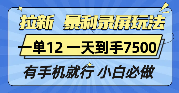 拉新暴利录屏玩法，一单12块，一天到手7500，有手机就行-云创网