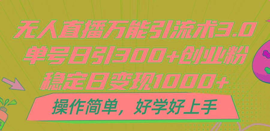 无人直播万能引流术3.0，单号日引300+创业粉，稳定日变现1000+，操作简单-云创网