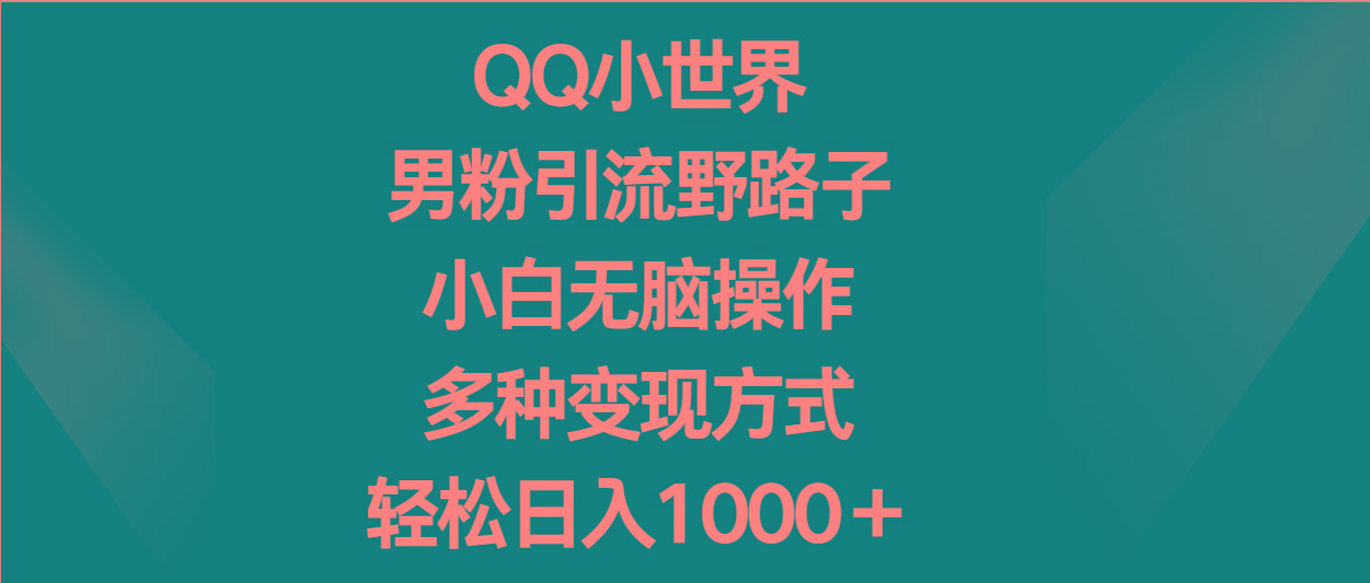 QQ小世界男粉引流野路子，小白无脑操作，多种变现方式轻松日入1000＋-云创网